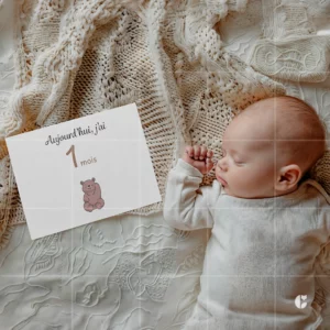 Bébé tenant une carte étape 1 mois illustrée d'un ours souriant