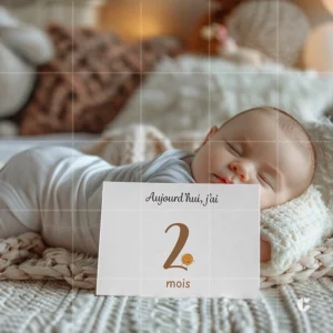 Bébé tenant une carte étape 2 mois avec illustration d’une orange intégrée au chiffre 2