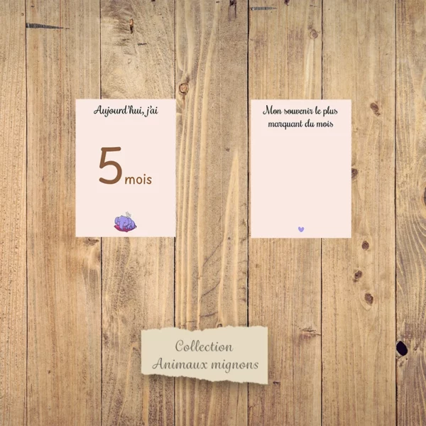 Cartes étapes mensuelles bébé - Collection “Animaux mignons”.