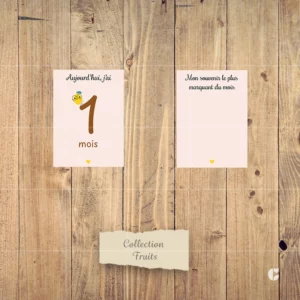 Carte étape mensuelle bébé de la collection nommée Fruits en recto-verso