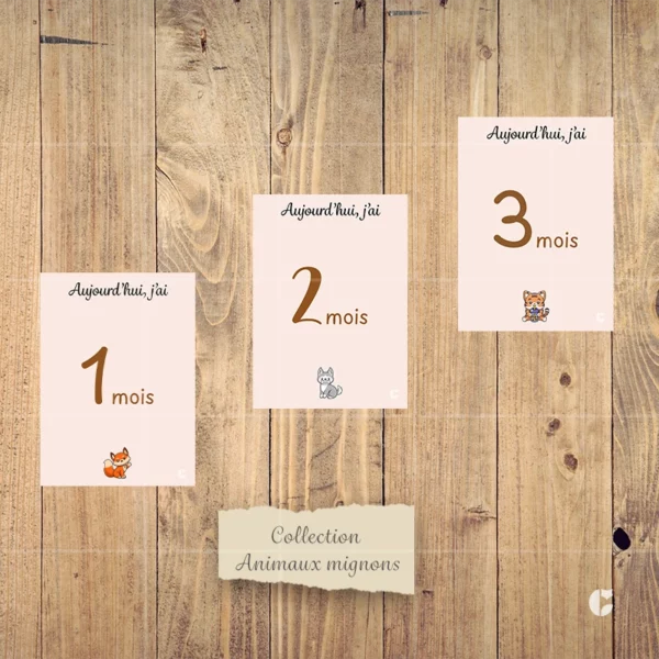 Cartes étape mensuelle bébé de la collection nommée Animaux mignons. Cartes du premier au troisième mois de bébé
