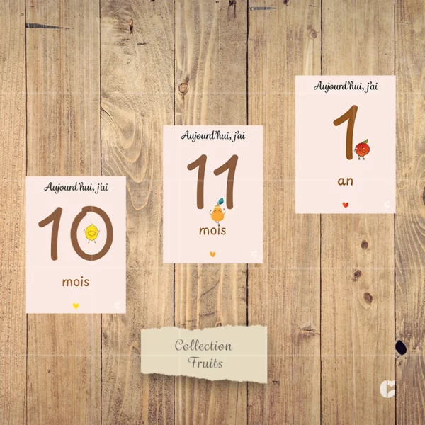 Cartes étape mensuelle bébé de la collection nommée Fruits. Cartes du dixième mois au 1an