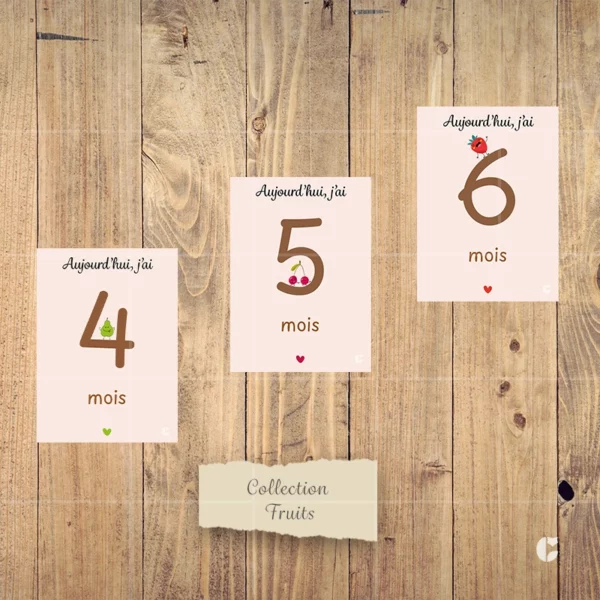 Cartes étape mensuelle bébé de la collection nommée Fruits. Cartes du quatrième au sixième mois.