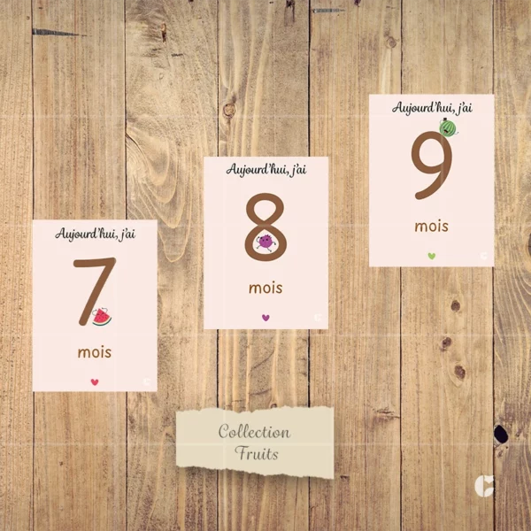 Cartes étape mensuelle bébé de la collection nommée Fruits. Cartes du septième au neuvième mois.
