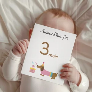 Bébé tenant une carte étape 3 mois illustrée d’un chien et d’un gâteau d’anniversaire