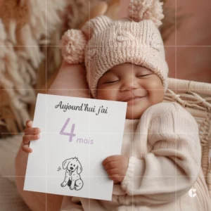 Bébé tenant une carte étape 4 mois illustrée d'un chien doodle
