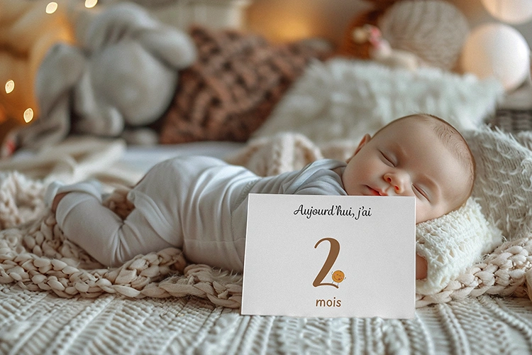 bébé allongé avec sa carte des 2 mois illustré d'un fruit