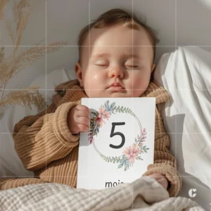 bébé tenant dans ses mains sa carte des 5 mois illustré d'une couronne de fleurs
