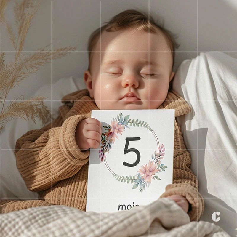 bébé tenant dans ses mains sa carte des 5 mois illustré d'une couronne de fleurs