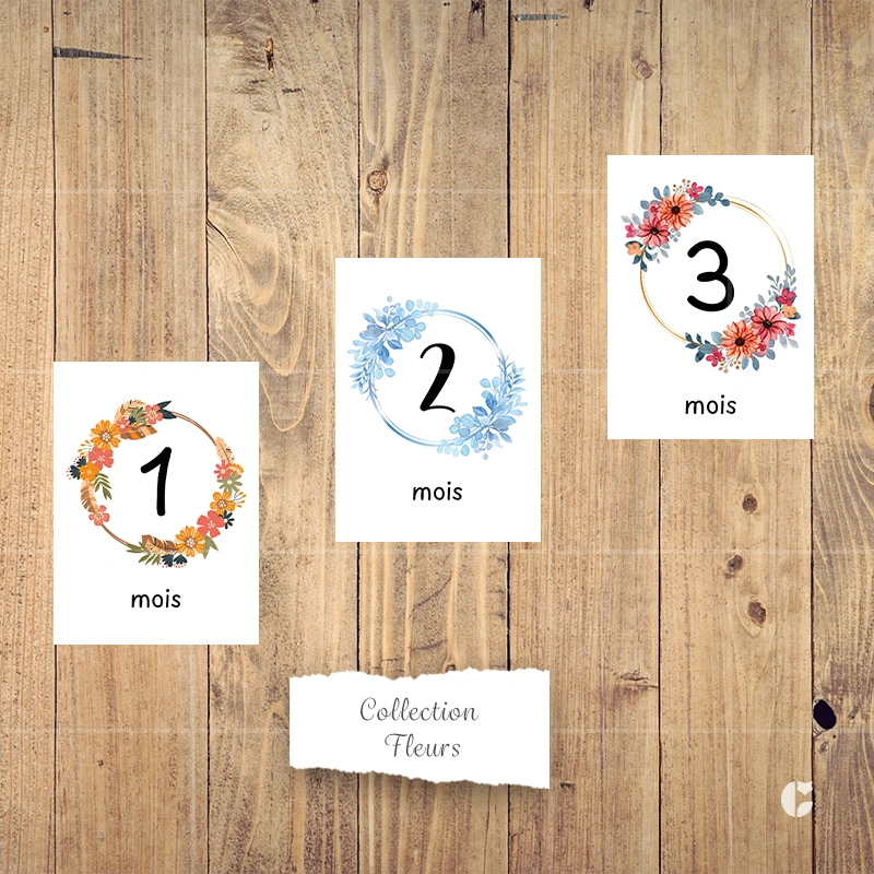 Cartes étapes bébé 1 mois à 3 mois de la collection fleurs présentées côte à côte