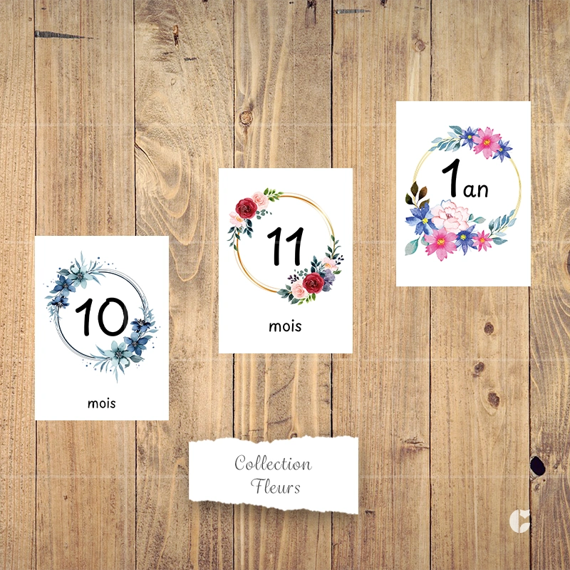 Cartes étapes bébé 10 mois à 1 an de la collection fleurs présentées côte à côte