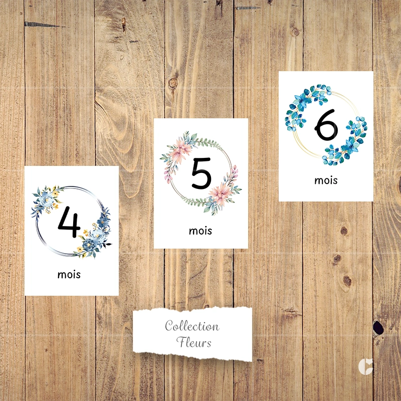 Cartes étapes bébé 4 mois à 6 mois de la collection fleurs présentées côte à côte
