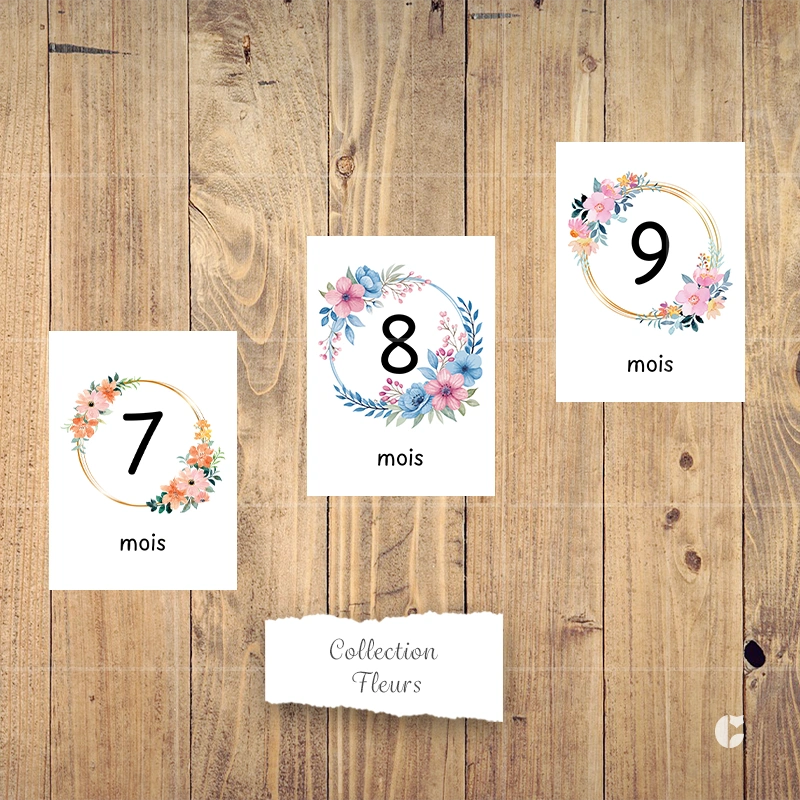 Cartes étapes bébé 7 mois à 9 mois de la collection fleurs présentées côte à côte